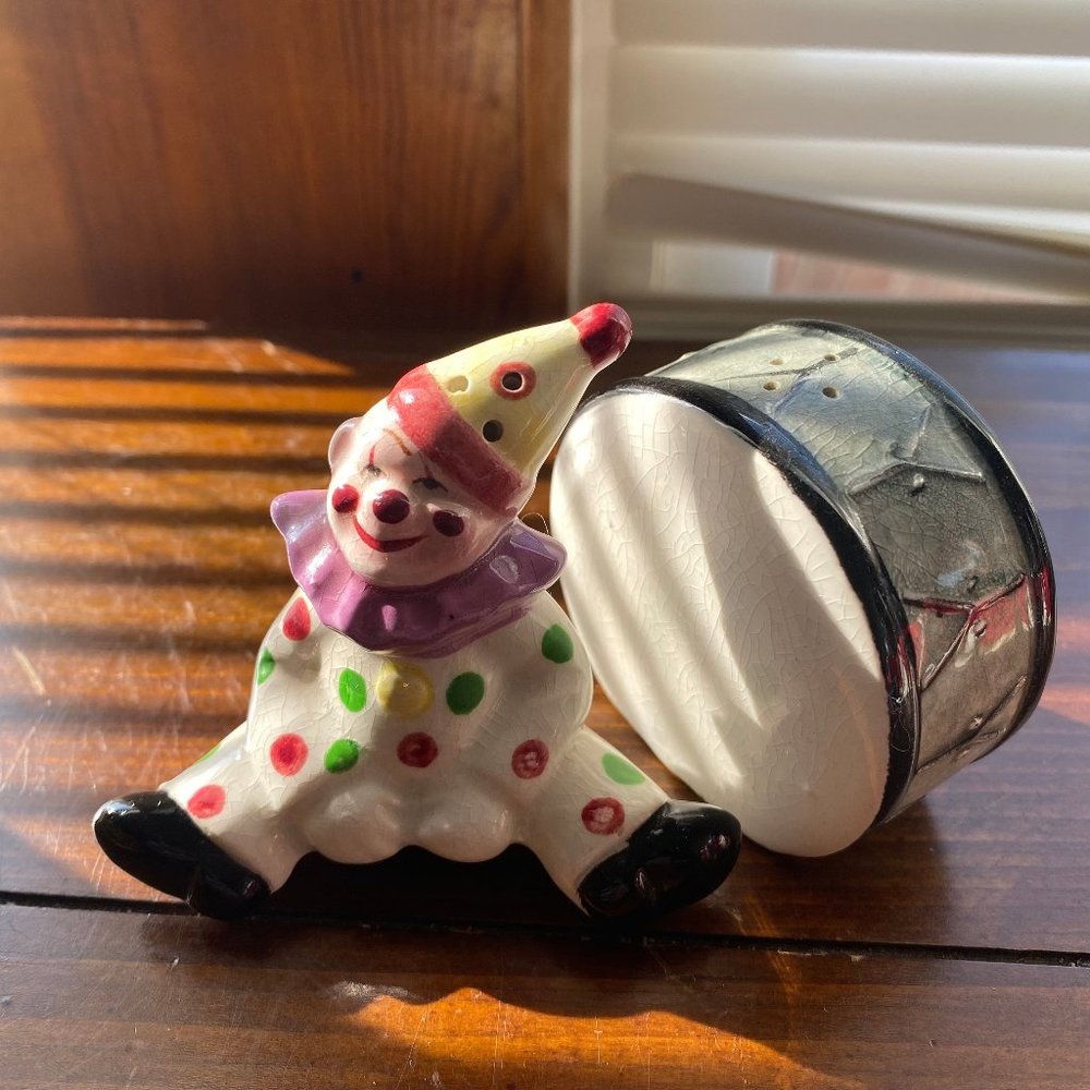Vintage Clown and Drum Salt and Pepper Shakers Set